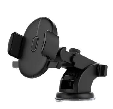 Yellow and black car phone holder with telescopic arm and suction cup on a dashboard
