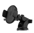 Yellow and black car phone holder with telescopic arm and suction cup on a dashboard