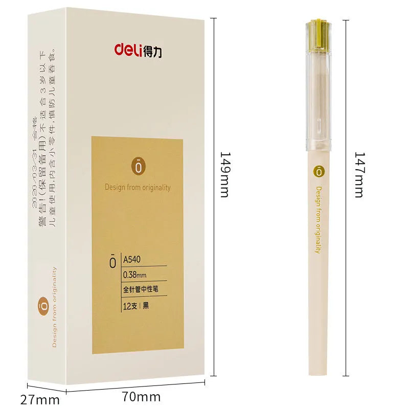 Deli A540 0.38mm black gel pens with needle tube tips in box of 12 units