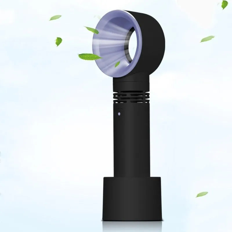 Portable bladeless fan in choice of colours with USB cable and base, showing no visible blades.
