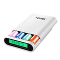 Black DIY power bank kit with LCD display showing battery levels and dual USB charging ports