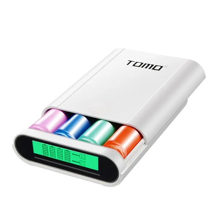 Black DIY power bank kit with LCD display showing battery levels and dual USB charging ports