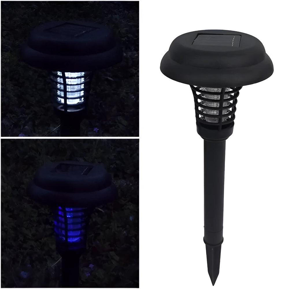 Black solar insect killing lamp with UV purple light and white LED, 42cm tall with 14cm diameter head