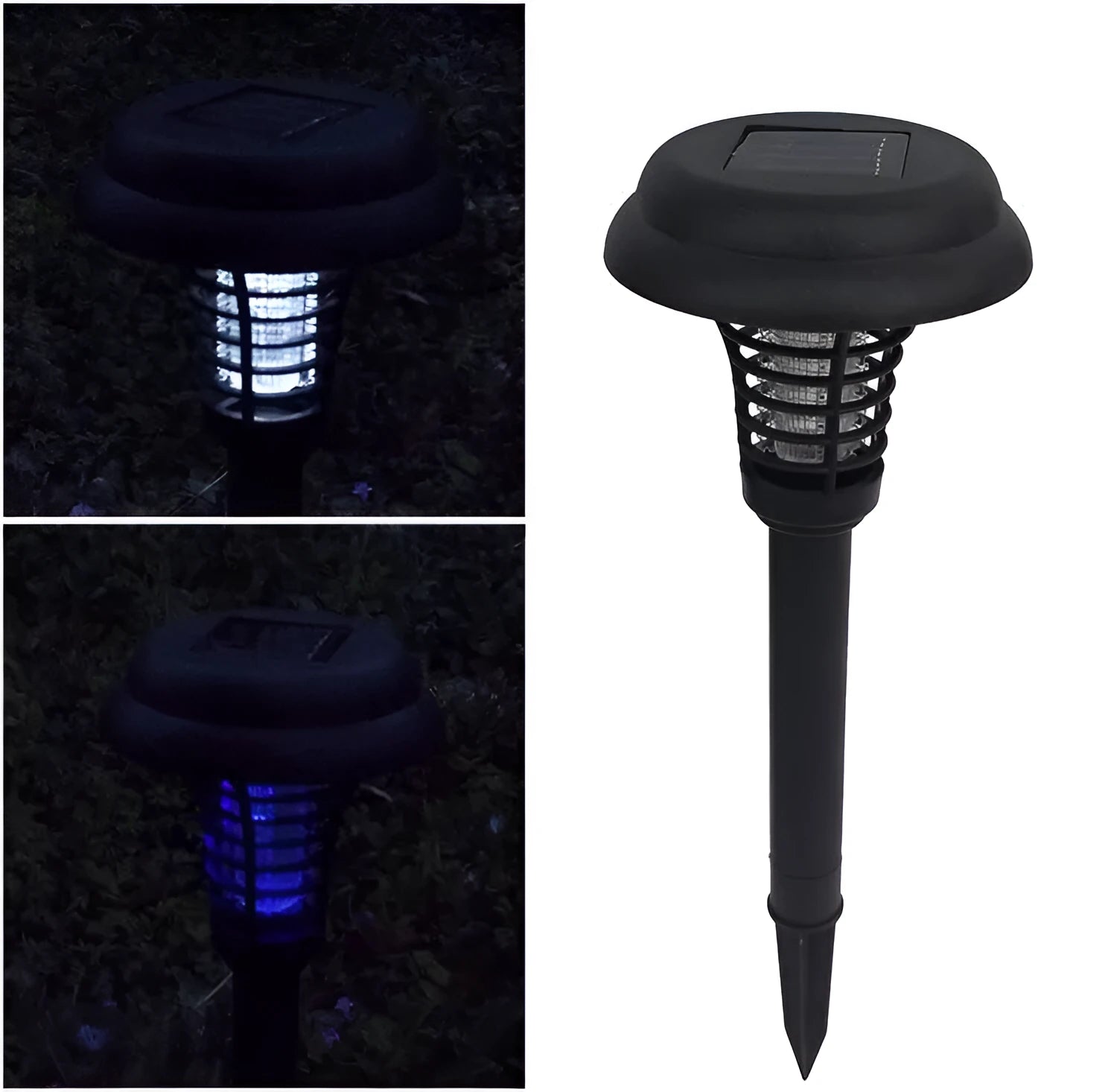 Black solar insect killing lamp with UV purple light and white LED, 42cm tall with 14cm diameter head
