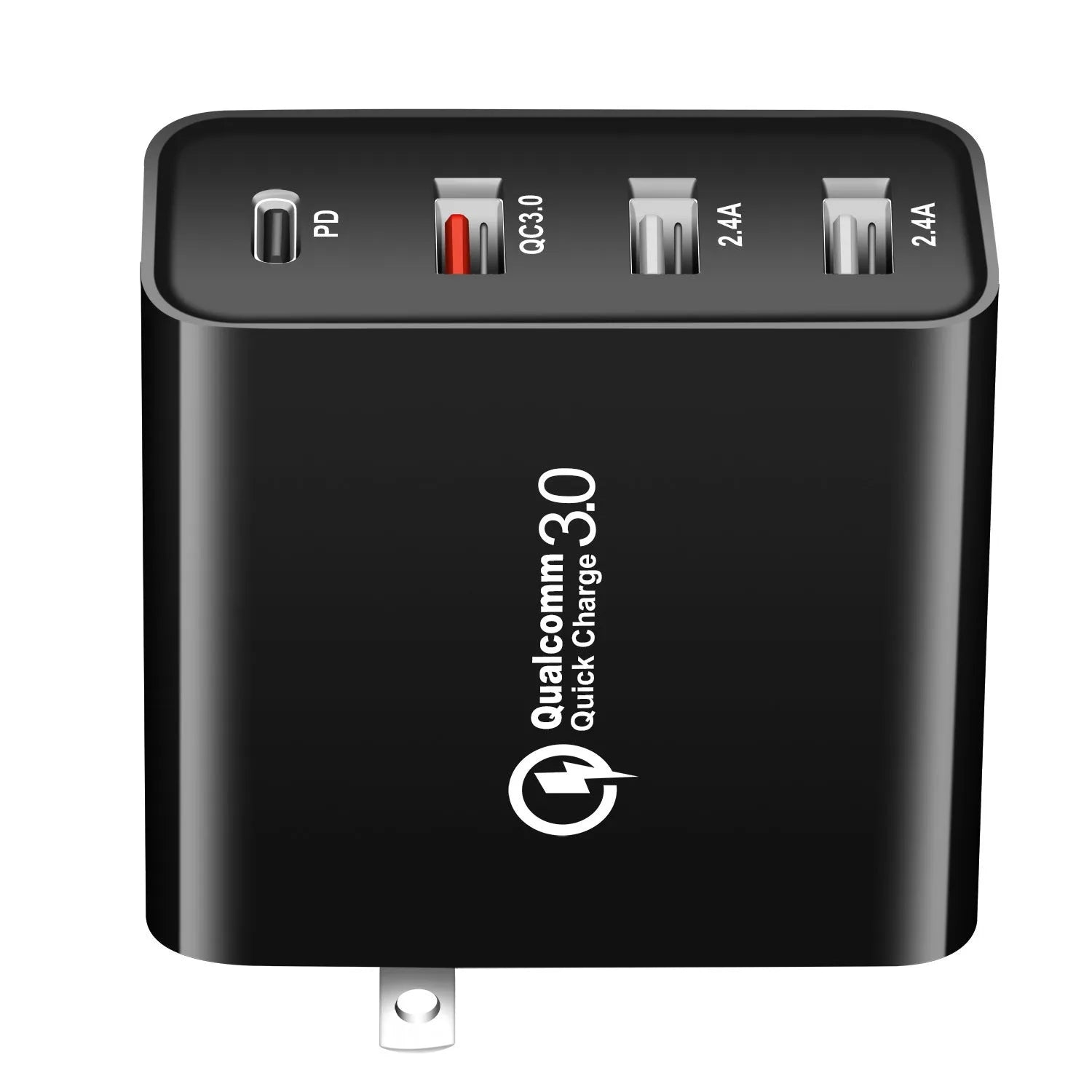 Black 48W PD four-port Type-C mobile phone charger with UK plug showing four charging ports and indication lights