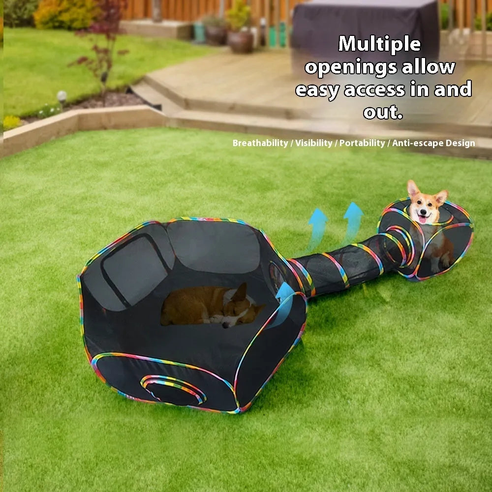 Foldable mesh cat roll cage in various shapes for pet play, including hexagonal and tent styles