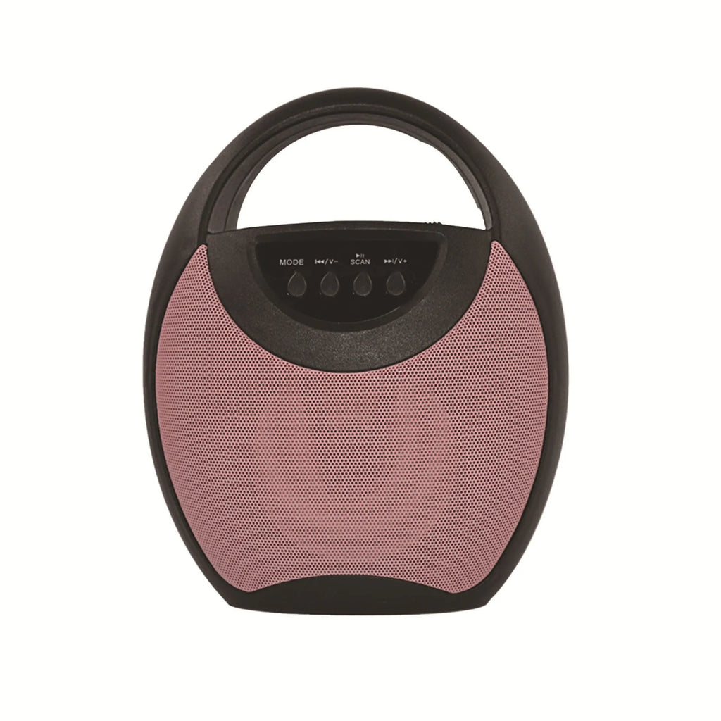 Portable Bluetooth speaker in black, blue, or pink colour with USB port and SD card slot.