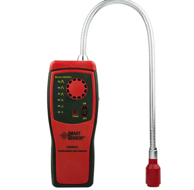 AS8800L handheld flammable gas detector with LED light display on black casing.