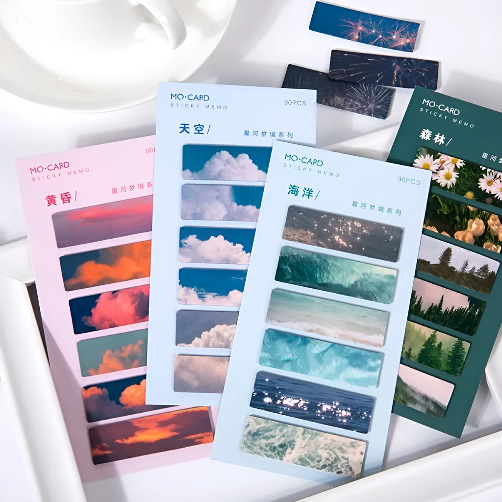 Beautiful Night Sky Star Index Post-It Notes in six colours: sky, moon, sea, fire, dusk, and forest