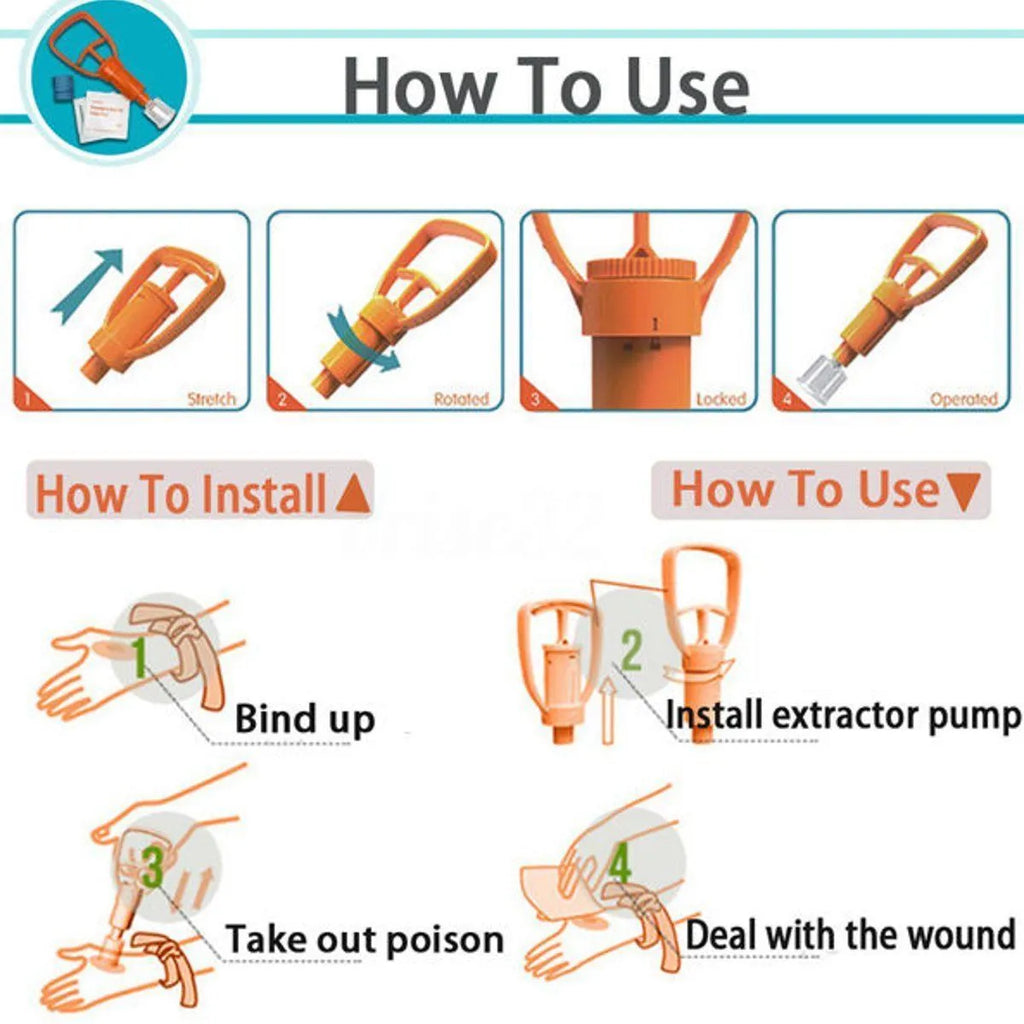 Orange venom suction device with two cup sizes, storage box, and accessories for outdoor first aid