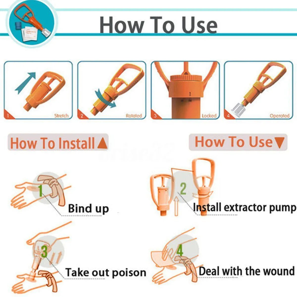 Orange venom suction device with two cup sizes, storage box, and accessories for outdoor first aid