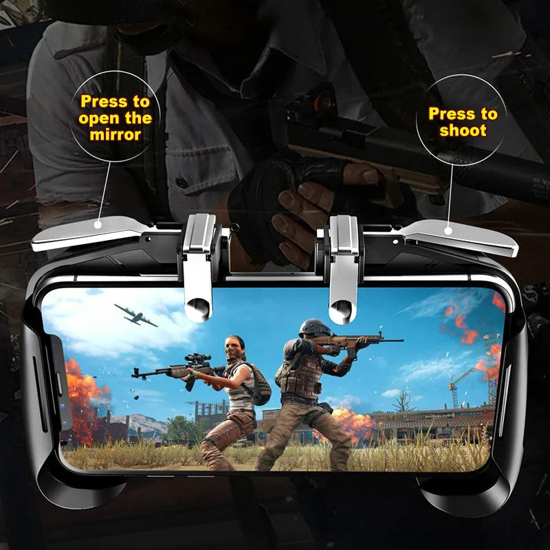 Black telescopic mobile game controller handle holding a smartphone with rubber grips visible.