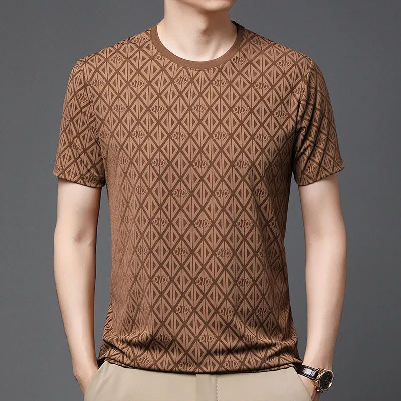Men's round neck loose-fit jacquard short sleeve shirt in ice silk fabric