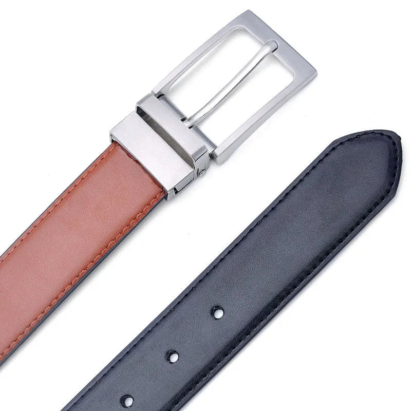 Men's dark brown and black casual leather belt with a silver rotating pin buckle, laid flat.
