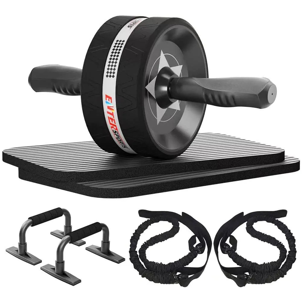 Set of seven abdominal wheels in red, green, black, and blue colours with a push-up bracket for indoor fitness.