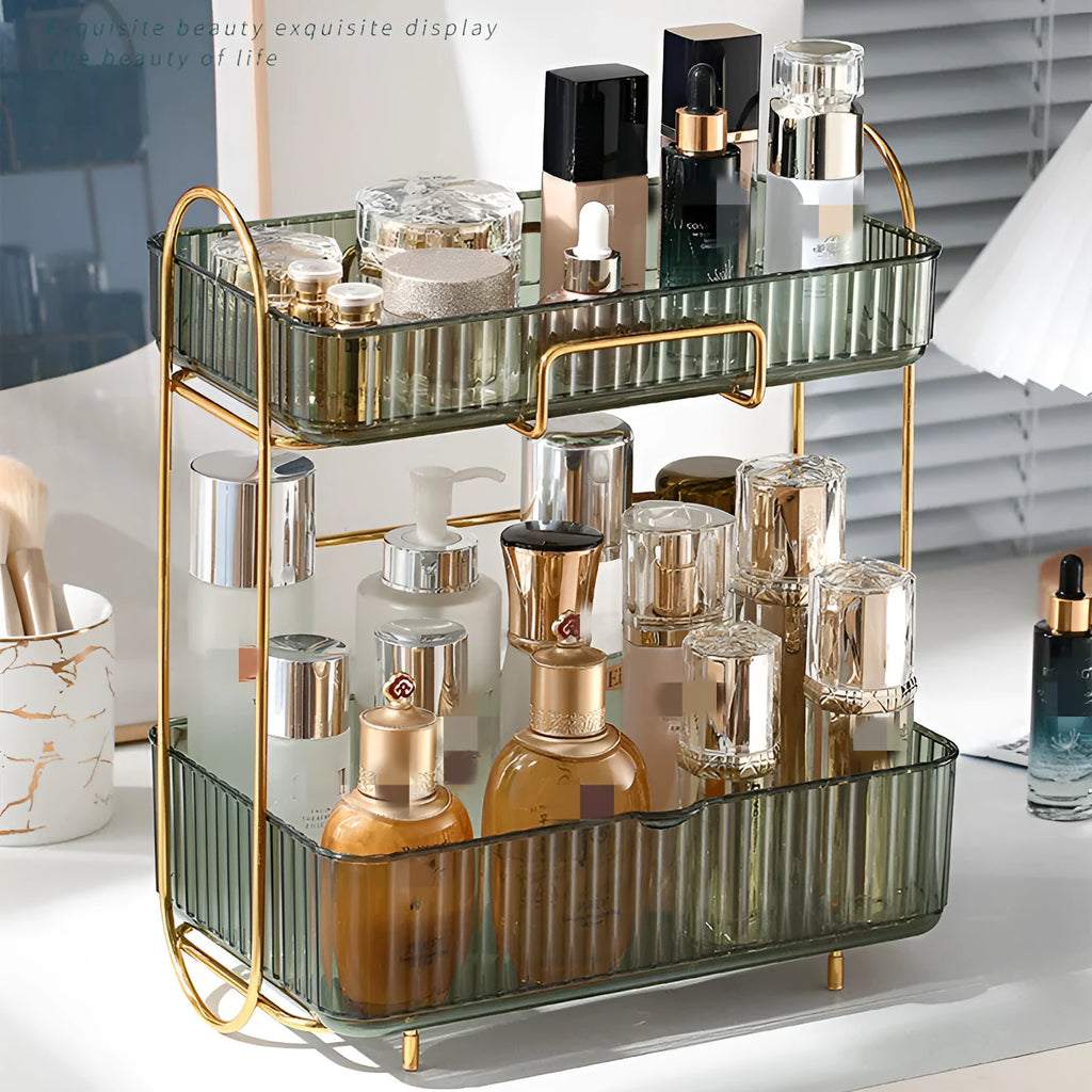 Iron and PET cosmetic shelf 30.5x20x35.5cm in transparent, amber, or light green for bathroom storage