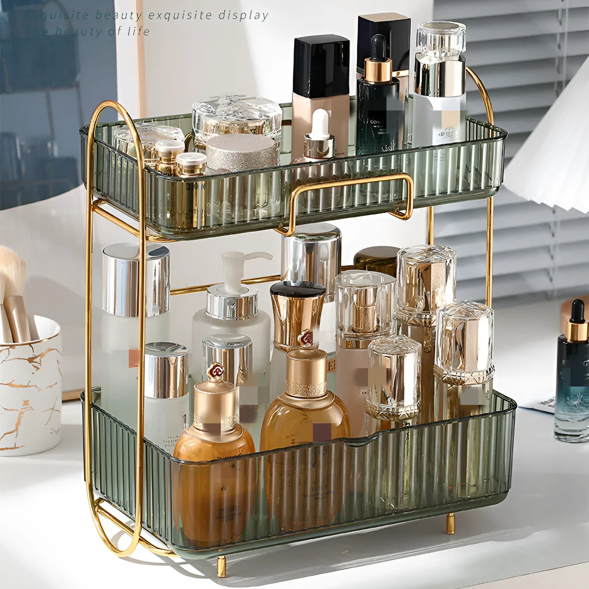 Iron and PET cosmetic shelf 30.5x20x35.5cm in transparent, amber, or light green for bathroom storage