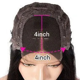 Real human hair lace headgear with 4x4 inch front, showing natural hairline and length options from 12 to 30 inches