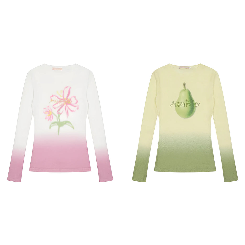 Women's long sleeve gradient colour t-shirt in light pink or yellow green