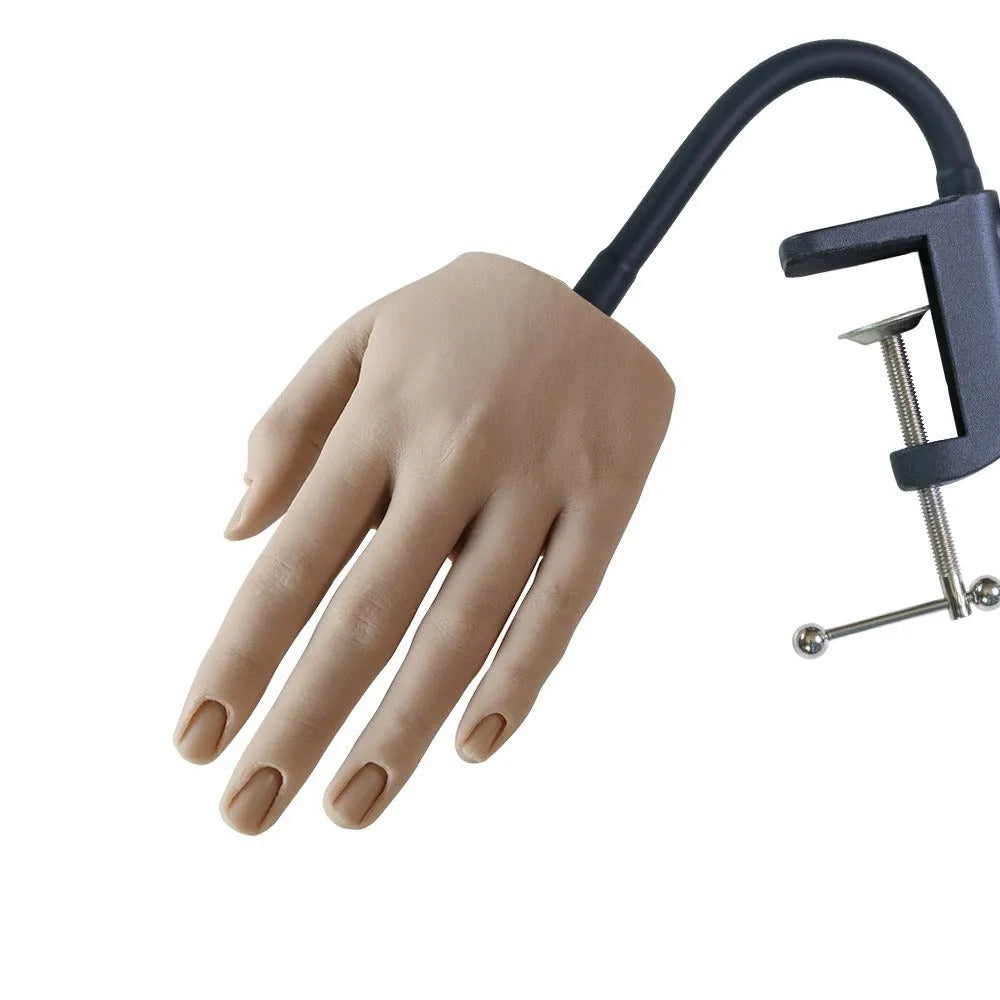 Silicone nail art practice hand model showing articulated fingers for manicure training.