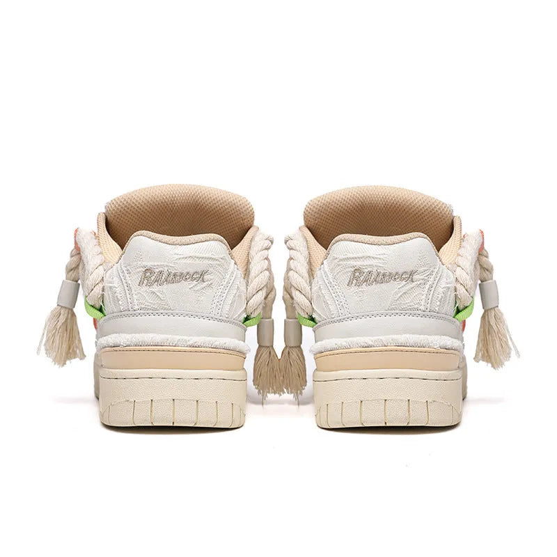 Creamy white retro skateboard shoes with low-top design, platform heel, and mesh lining details