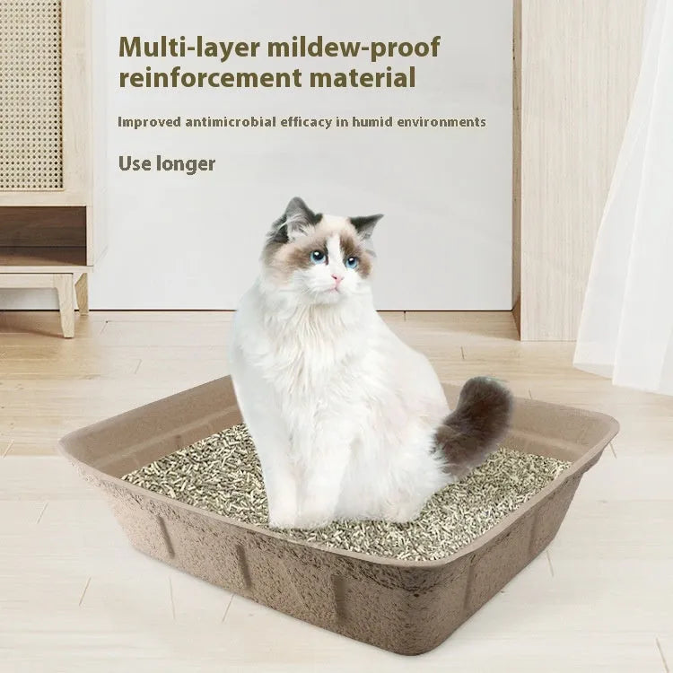 Brown disposable cat litter box with waterproof lining and biodegradable materials, sizes 39cm, 42.5cm, 45cm