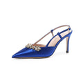 Women's satin stiletto high heels with rhinestone closed toe and buckle fastening in white, rose red, or blue