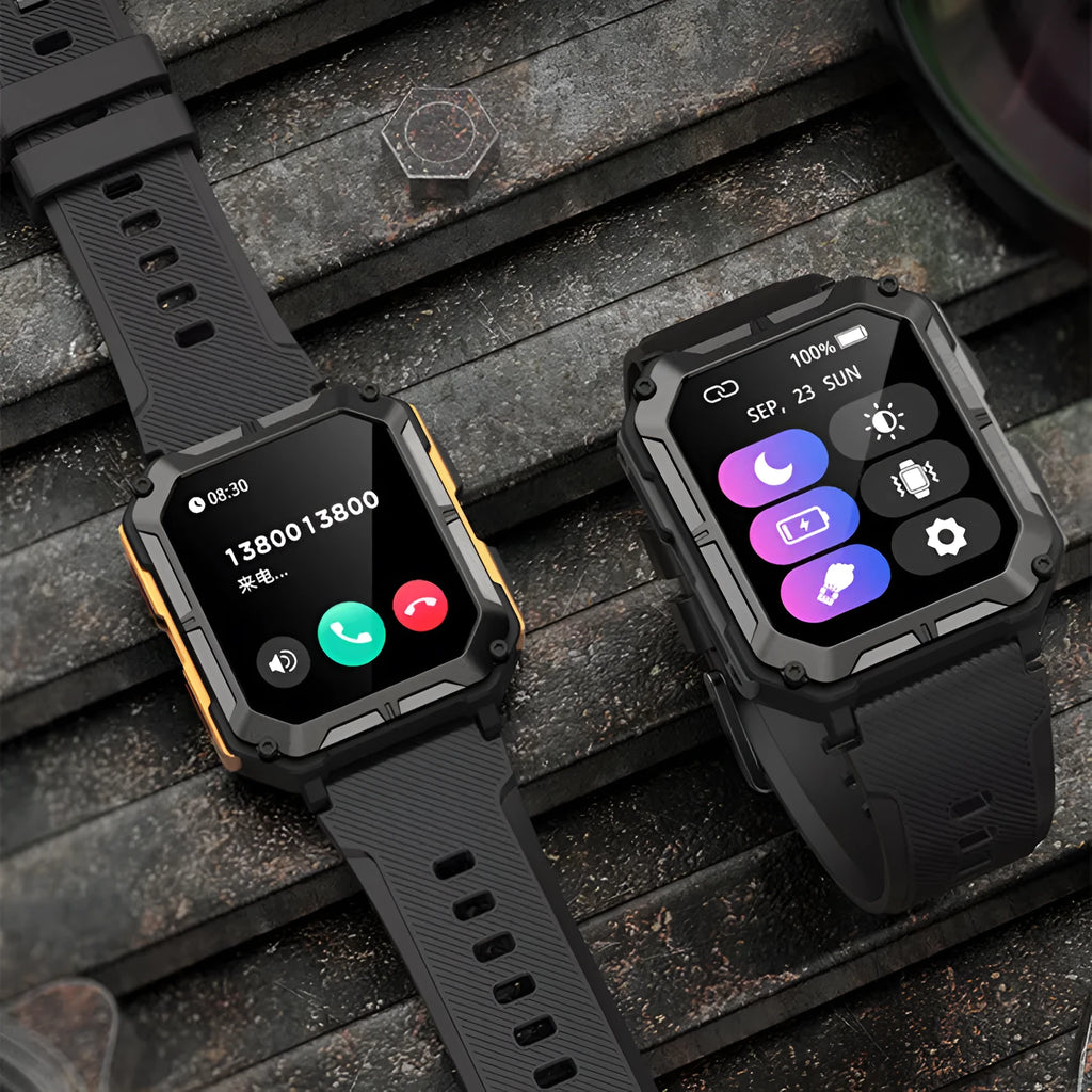 Square aluminium alloy smart watch with Bluetooth call on a silicone sports strap, compatible with iOS