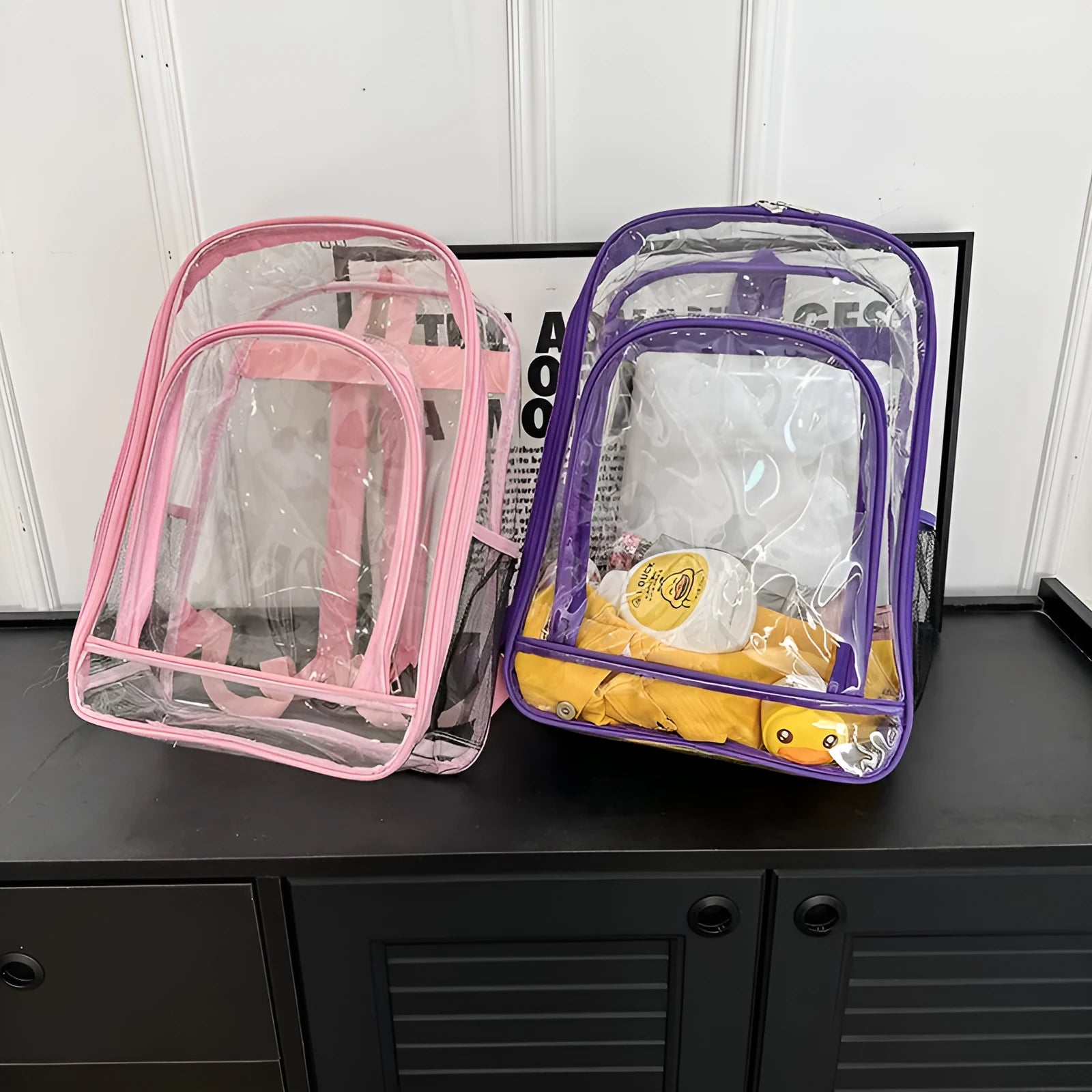 Transparent PVC waterproof backpack with a coloured inner voile bag, showing dimensions of 30cm by 16cm by 44cm.