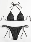 Women's khaki gold split bandage bikini swimsuit showing front view with briefs style