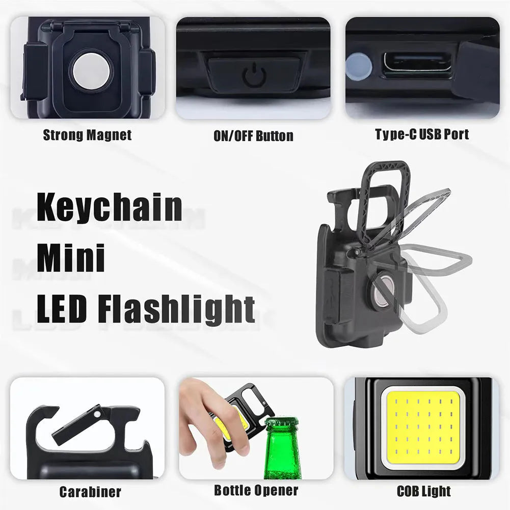 Mini keychain flashlight with COB LED, 400 lumens, USB rechargeable, three modes, hook and bottle opener.
