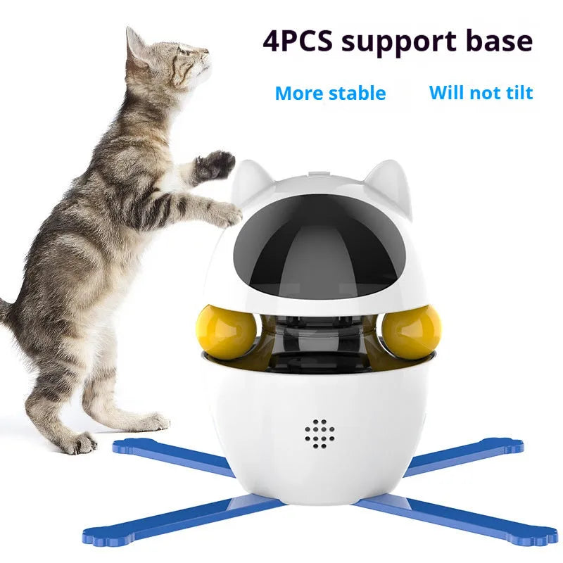 White automatic rotating cat toy with elastic rope and fluffy ball extended during operation