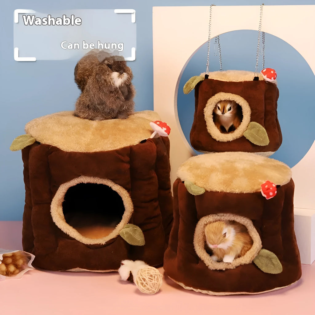 Brown cloth hanging rabbit nest with suspended stump design for indoor cages