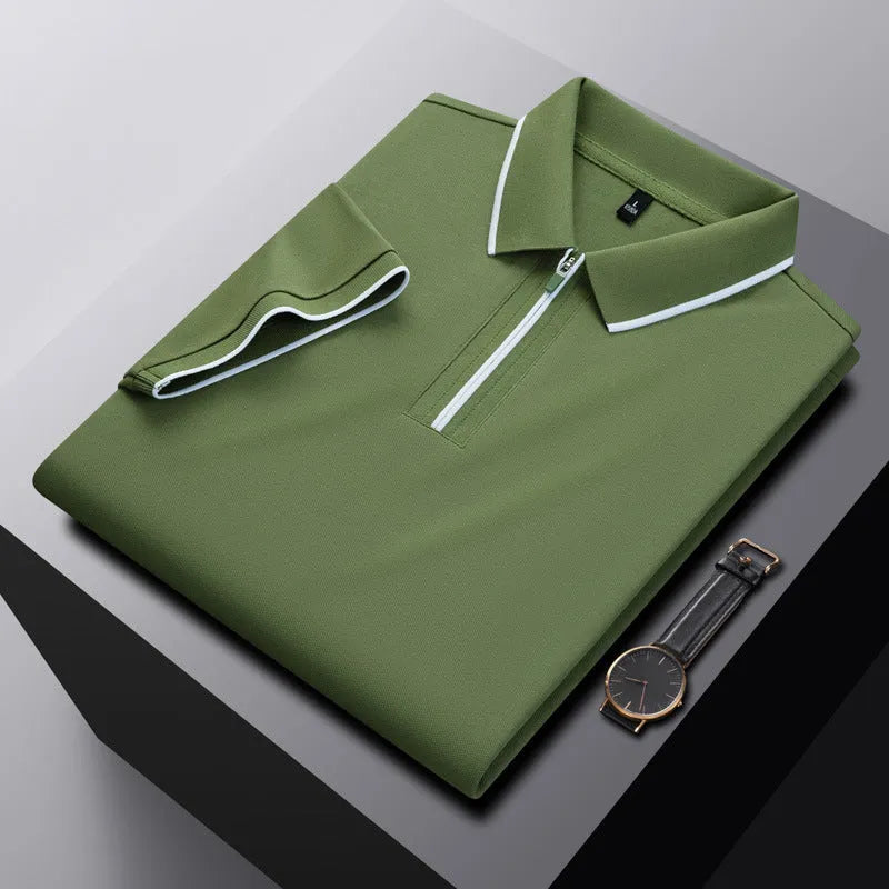 Men's solid colour polo shirt with a zipper front in beige apricot.