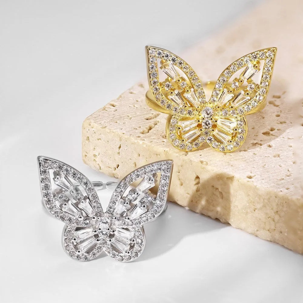 S925 sterling silver butterfly ring with white diamond inlaid zircon and adjustable opening band for women