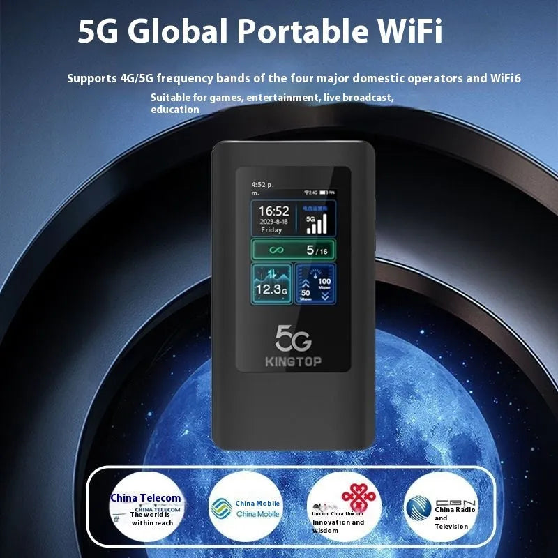 Black portable 5G Wi-Fi router showing LCD display, TYPE-C port, and compact 125x70x17mm dimensions