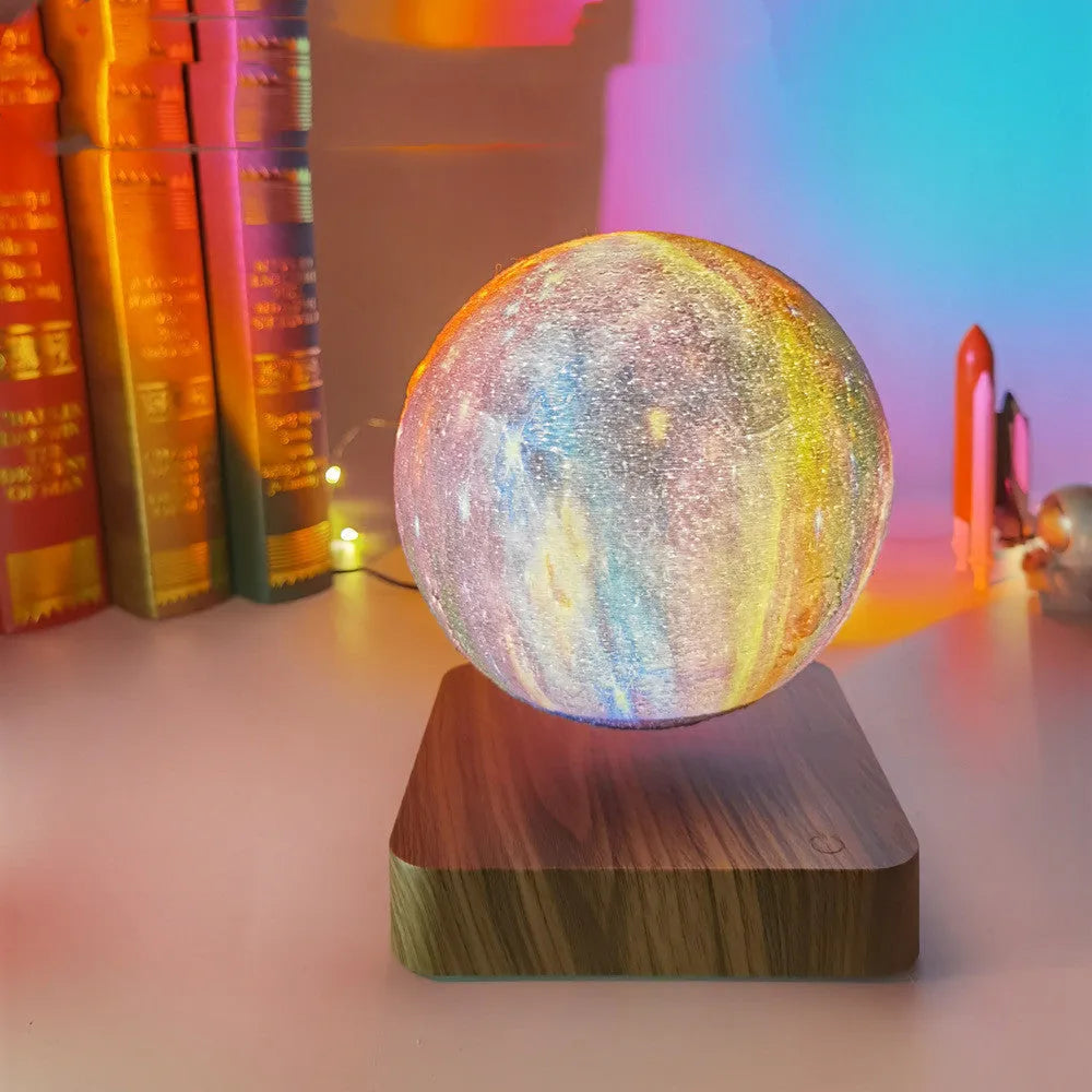 Magnetic levitation galaxy decorative light with 14cm moon lamp floating above walnut-coloured base