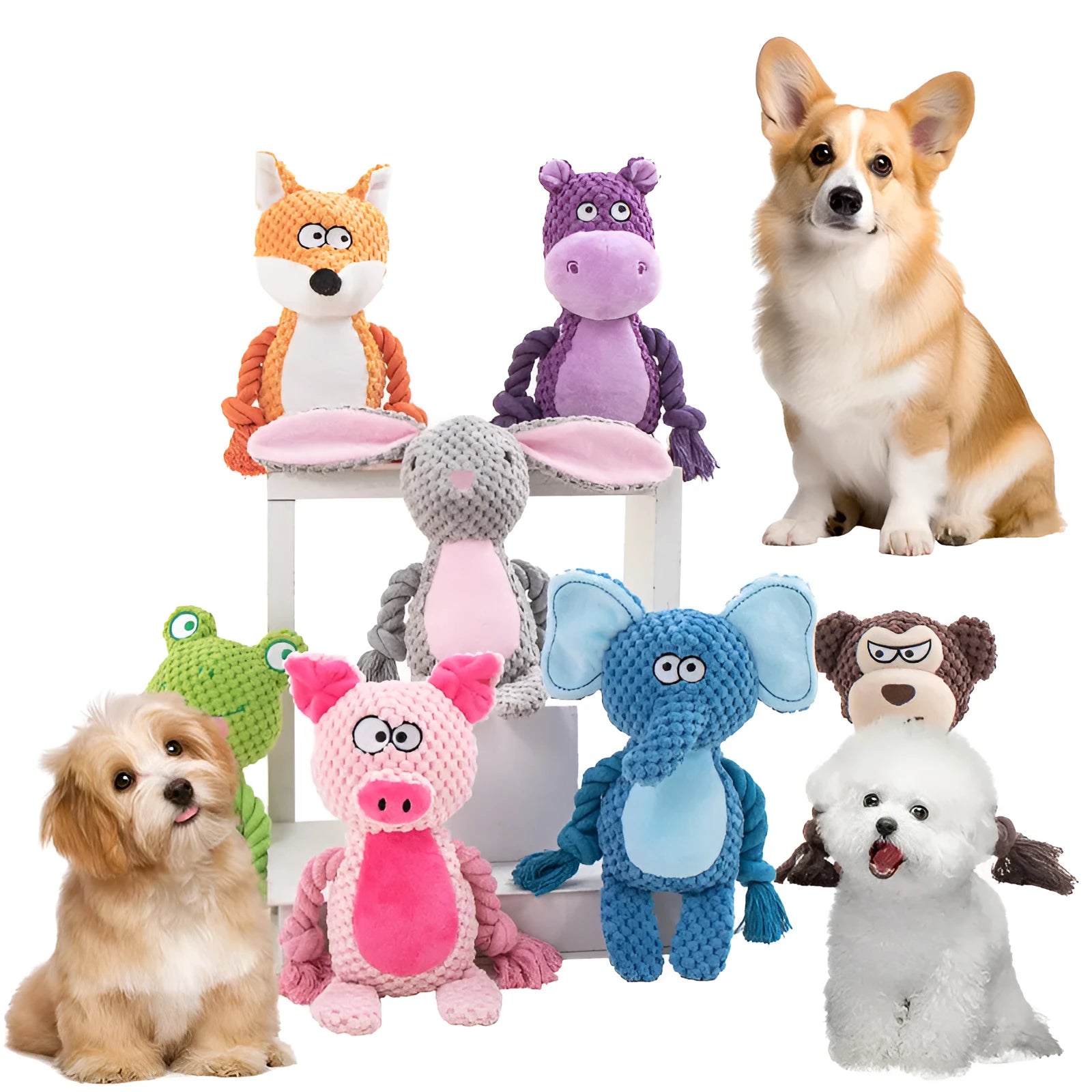 Plush sound-emitting dog toy with cotton rope elements in hippo design