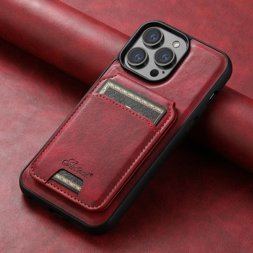 Oil wax silicone MagSafe phone case with integrated card slot for Apple iPhone.