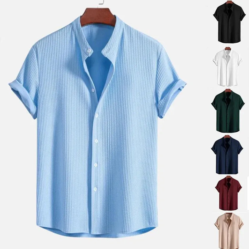 Men's loose fit short sleeve shirt in polyester fibre, available in nine colours including wine red and navy blue