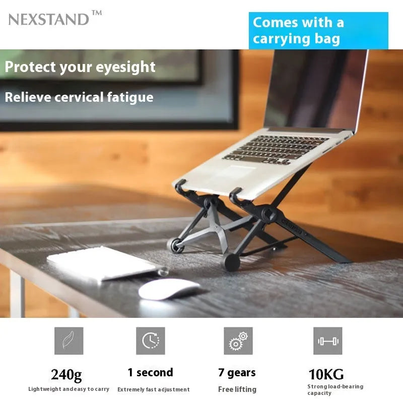 Black portable folding computer bracket shown at various heights up to 40cm with laptop