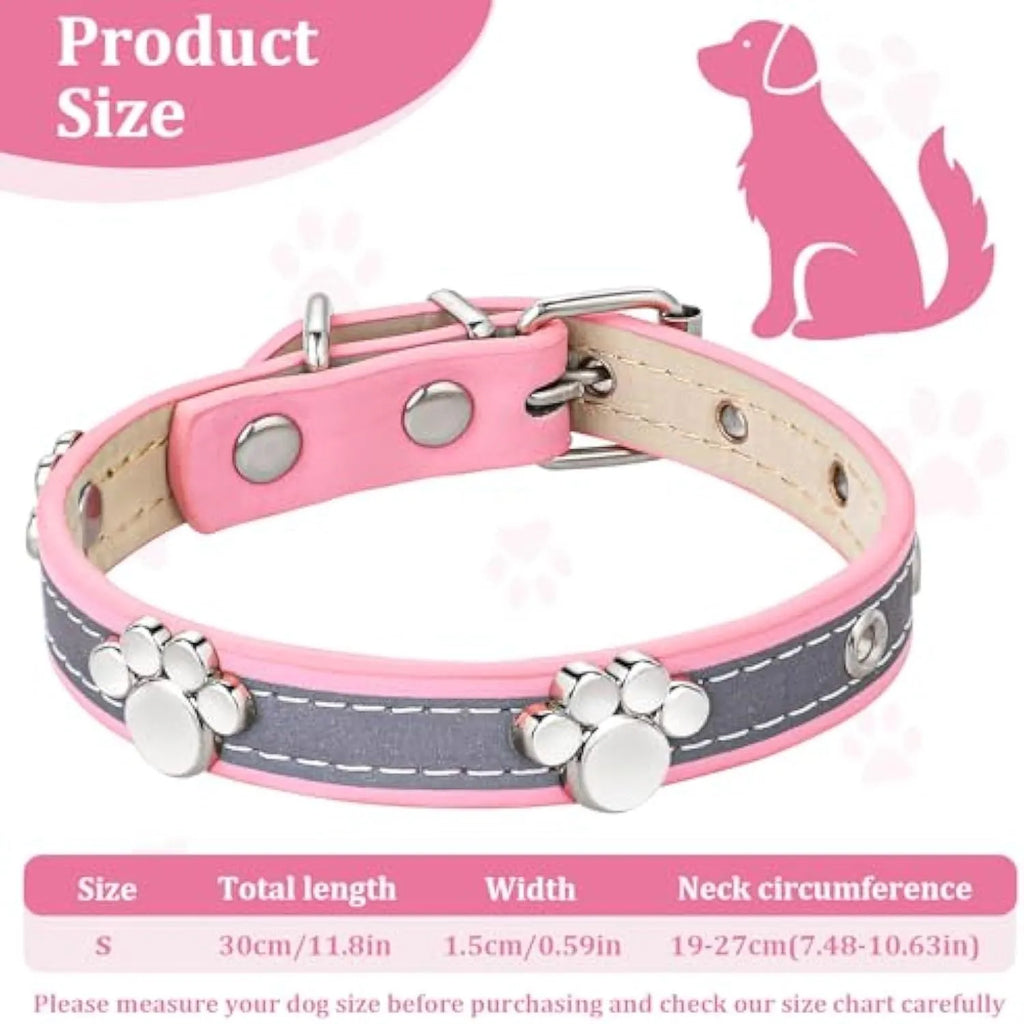 Reflective adjustable dog collar with decorative paw rivet on soft PU leather