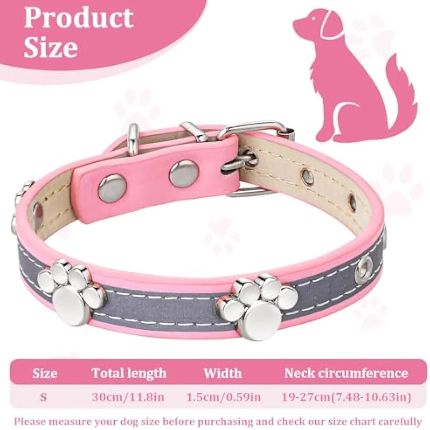 Reflective adjustable dog collar with decorative paw rivet on soft PU leather
