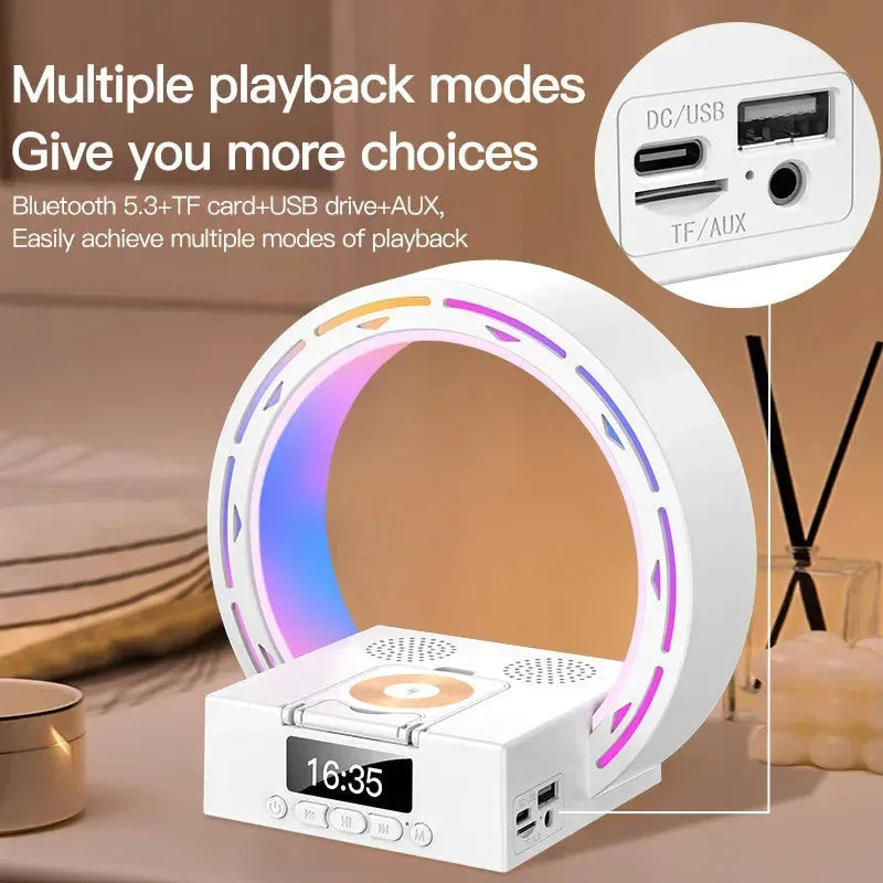 4-in-1 wireless Bluetooth speaker charging pad bedside lamp with digital alarm clock in black or white colour