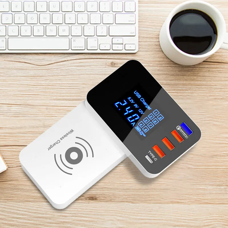 White multi-port USB charger with wireless charging pad and EU UK US plug adaptors