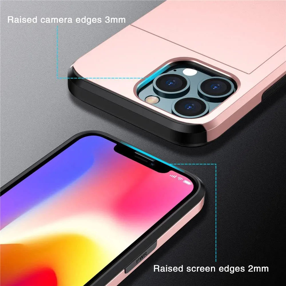 Mobile phone case with sliding cover card holder in matte finish, showing raised lips for screen protection
