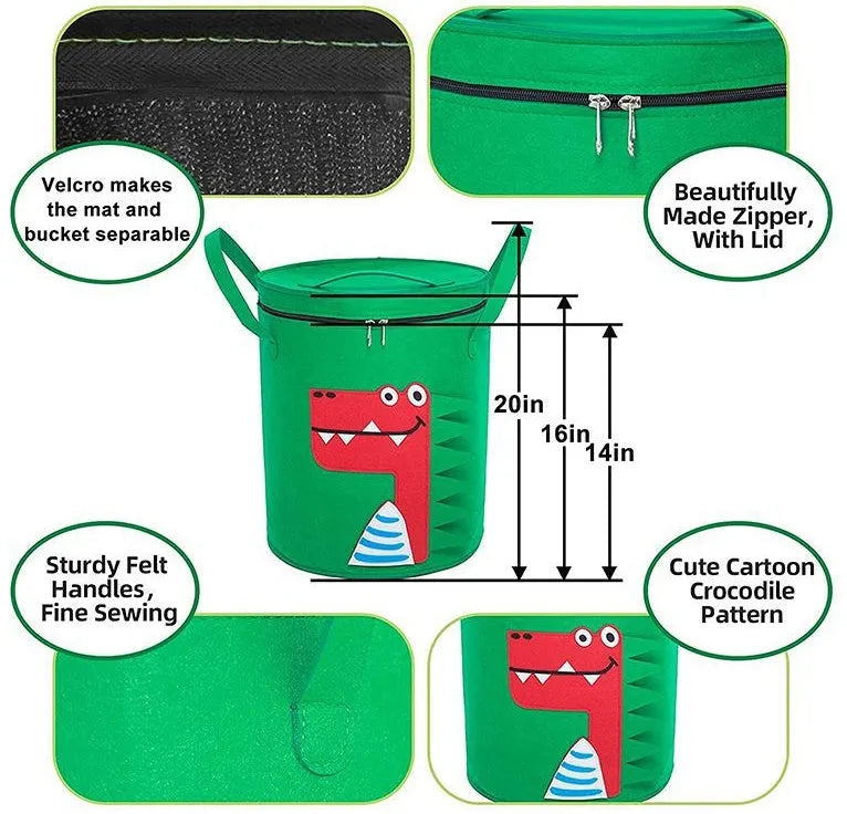Green felt storage cube with pull rope, unfolded as a play mat on a living room floor