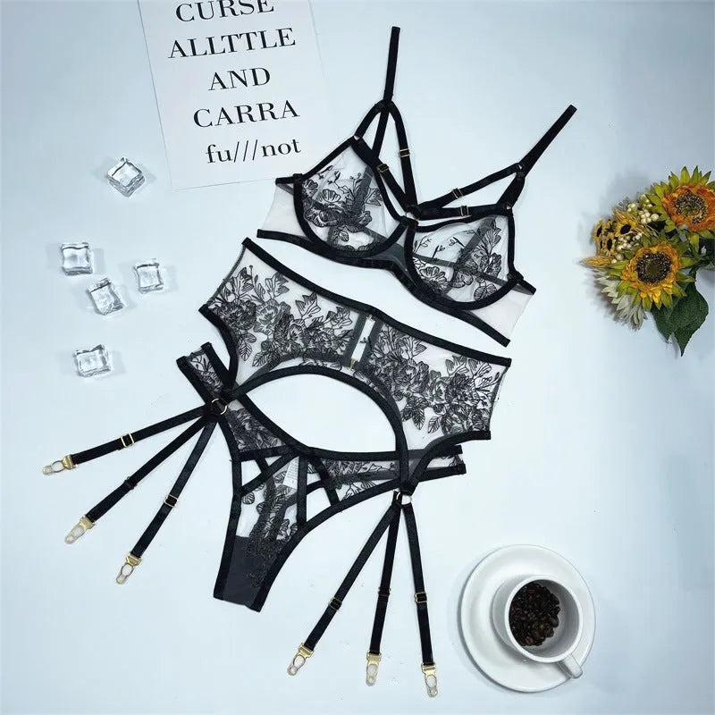 Black lace mesh floral print women's three-piece set with top, trousers, and waist ring