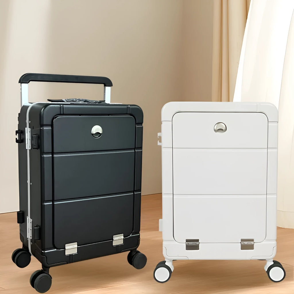 Front opening 20-inch cabin suitcase in black showing dry-wet separation compartments and universal wheels.