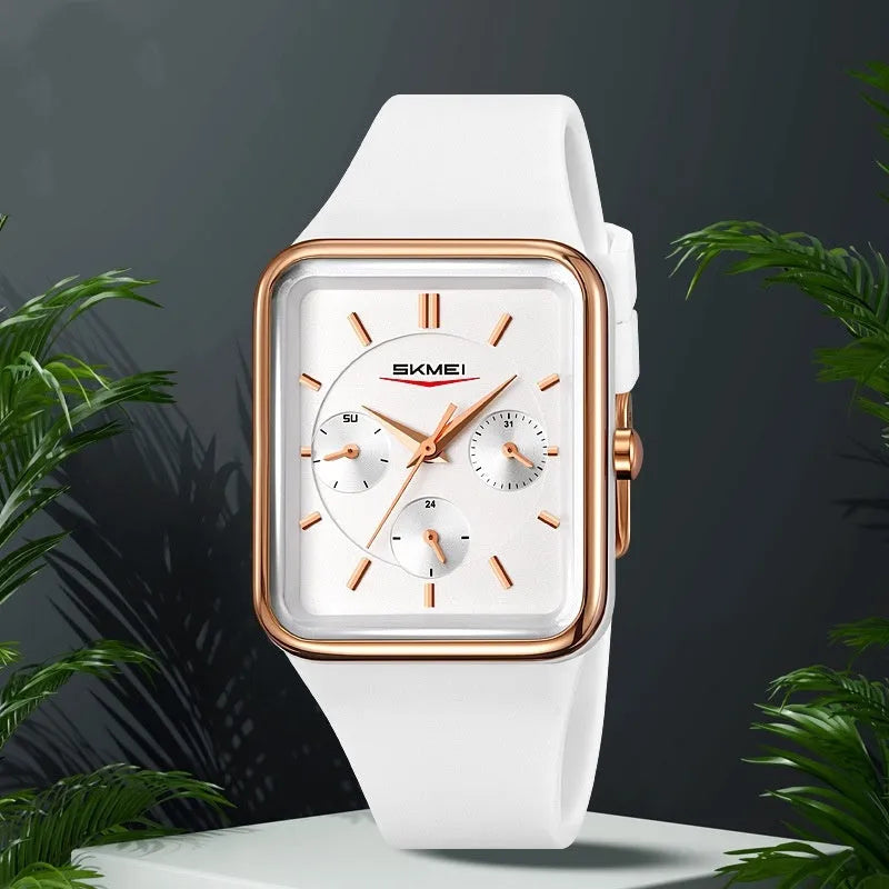 Square silicone waterproof watch for girls with thin 10.8mm case in multiple colour options